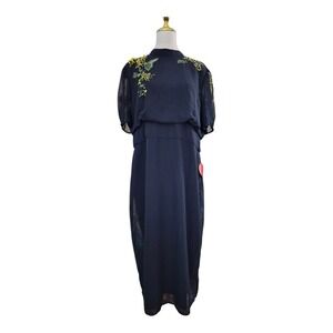 Hope & Ivy The Hester Embellished High Neck Open Tie Back Pencil Midi Navy 14 Nw